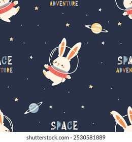 Seamless vector pattern in children's style on the theme of space. Cute rabbit in spacesuit flying in space among stars and planets, space adventure caption