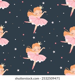 Patrón de Vector sin costuras en estilo infantil. Bailarina linda y estrellas sobre fondo oscuro 