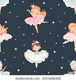 Seamless vector pattern in children's style. Cute ballerina and stars on dark background 