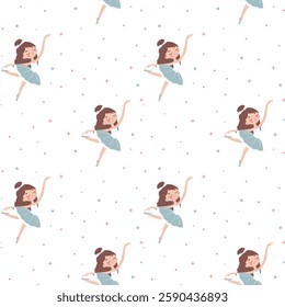 Seamless vector pattern in children's style. Cute ballerina and stars on white background. Vector illustration.