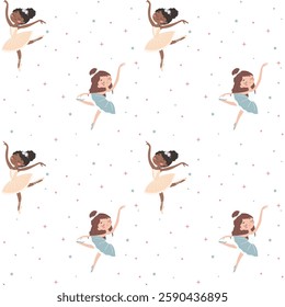 Seamless vector pattern in children's style. Cute ballerina and stars on white background. Vector illustration.