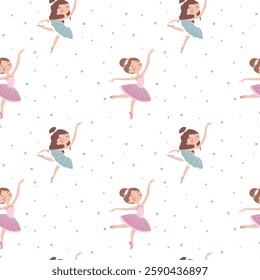 Seamless vector pattern in children's style. Cute ballerina and stars on white background. Vector illustration.