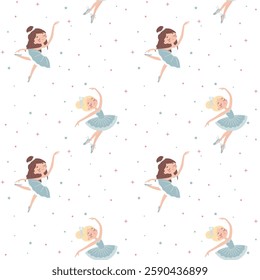 Seamless vector pattern in children's style. Cute ballerina and stars on white background. Vector illustration.