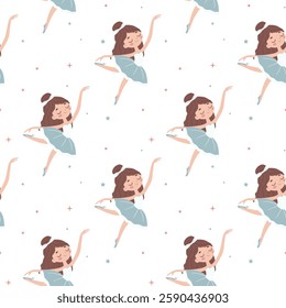 Seamless vector pattern in children's style. Cute ballerina and stars on white background. Vector illustration.