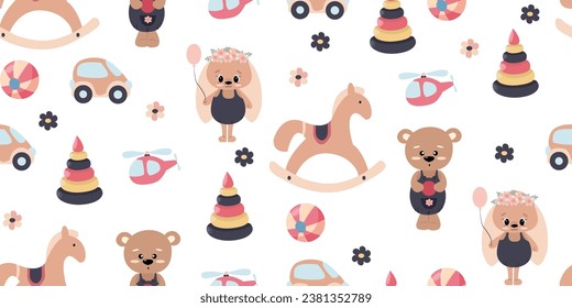 Seamless vector pattern with children's toys, horse, bunny, pyramid, car and helicopter. Decorative print for children's textiles.