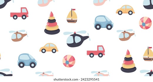 Seamless vector pattern with children's toys. Stylized cars, helicopters, ball, riramid. Bright saturated colors. For a boy's nursery, postcards, prints