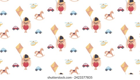 Seamless vector pattern with children's toys for printing on children's textiles. Stylized toys: a rocking horse, a plush hare, a car and a helicopter. Decorative print