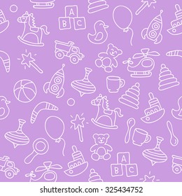 Seamless vector pattern of children's toys on a light purple background, hand-drawn.