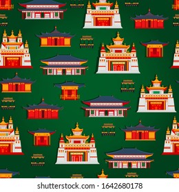Seamless vector pattern with Chinese traditional buildings and temples on a  dark green background