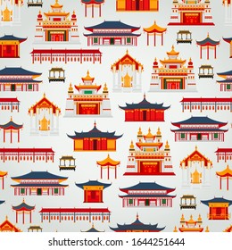 Seamless vector pattern with Chinese traditional buildings and temples on a light gray background.