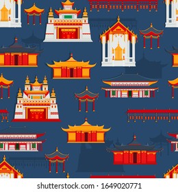 Seamless vector pattern with Chinese traditional buildings and temples on a dark blue background