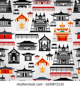 Seamless vector pattern with Chinese traditional buildings and temples on a light gray background.