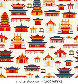  Seamless vector pattern with Chinese traditional buildings and temples on a light background