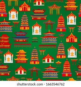 Seamless vector pattern with Chinese traditional buildings and temples on a dark green background