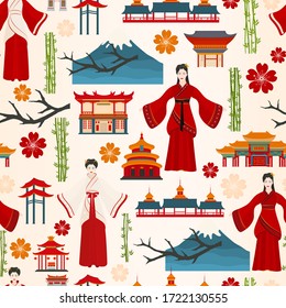 Seamless vector pattern with chinese traditional symbols. Chinese bride.