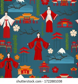 Seamless vector pattern with chinese traditional symbols. Chinese bride.