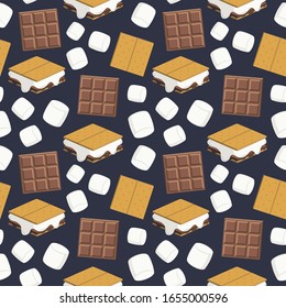 Seamless vector pattern with s’mores, chocolate bars, graham crackers, and marshmallows scattered on a navy blue background. Fun food illustration for gift wrap, fabric, packaging, accessories.