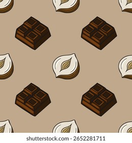 Padrão de vetor sem emenda de barras de chocolate e avelãs, uma deliciosa ilustração desenhada à mão perfeita para embalagens ou designs culinários.