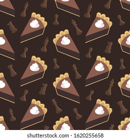 Seamless vector pattern of chocolate chess pie slices with whipped cream and chocolate chess pieces on a dark brown background. Fun food illustration great for packaging, fabric, accessories.