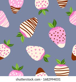 Seamless vector pattern of chocolate covered strawberries. Berry background. Food illustration. Dessert pattern. Strawberries in chocolate.