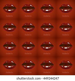 Seamless vector pattern Chocolate Kiss. Tempting chocolate candy in the form of kissing lips on dark brown background. Useful for wrapping paper, wrap box, design wrap of chocolate products .
