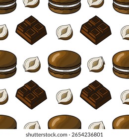 Padrão vetorial contínuo de macarões de chocolate, avelãs e pedaços de barras de chocolate, ilustrado em um estilo desenhado à mão com tons castanhos ricos, perfeito para marca de confeitaria ou desi...