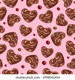 Seamless vector pattern of chocolates, gingerbread in the shape of a heart. World Chocolate Day. Valentines Day. Dessert food illustration. For packaging, menu, cookbook, postcard, banner.