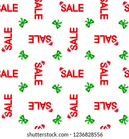 Seamless vector pattern Chrismas sale with red hat ande green ribbon on white background, EPS 10