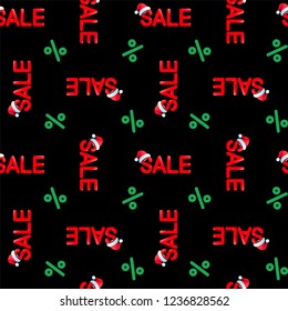 Seamless vector pattern Chrismas sale with red hat and green percent on black background, EPS 10
