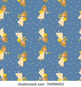 Seamless vector pattern of Christmas angels. Angelic music, playing the harp. Funny muse.