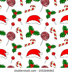 Seamless vector pattern with Christmas attributes isolated on a white background. Repeating holiday pattern. 