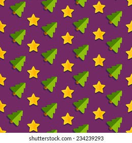 Seamless vector pattern Christmas background with Christmas Christmas trees and golden stars