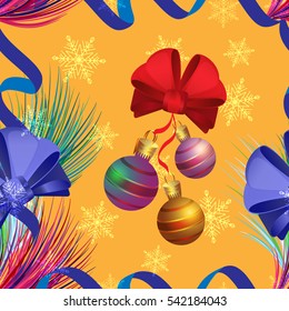 Seamless vector pattern with Christmas balls and blue bows on orange background