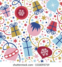 Seamless vector pattern with Christmas baubles, ornaments and gift boxes.
