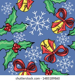 Seamless vector pattern with Christmas bell, snowflake and red berries on blue background. Wallpaper, fabric and textile design. Cute wrapping paper pattern for holiday. Good for printing.