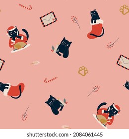 Seamless vector pattern with Christmas Black cat, letter, Christmas lollypop etc.