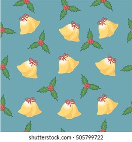 Seamless vector pattern. Christmas blue background with bells and mistletoe. Xmas vector background.