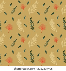 Seamless vector pattern in Christmas boho colors with pine and twigs. Surface design for web and print. 