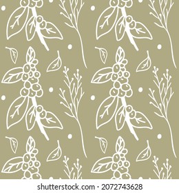 Seamless vector pattern with Christmas botanicals in white line on sage green background.Winter,floral,holiday print in doodle style hand drawn.Designs for textile,wrapping paper,fabric,scrapbooking.