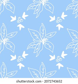 Seamless vector pattern with Christmas botanicals in white line on light blue background.Winter,floral,holiday print in doodle style hand drawn.Designs for textile,wrapping paper,fabric,scrapbooking.