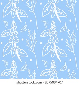 Seamless vector pattern with Christmas botanicals in white line on light blue background.Winter,floral,holiday print in doodle style hand drawn.Designs for textile,wrapping paper,fabric,scrapbooking.