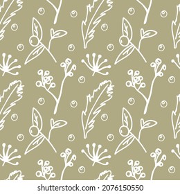 Seamless vector pattern with Christmas botanicals in white line on sage green background.Winter,floral,holiday print in doodle style hand drawn.Designs for textile,wrapping paper,fabric,scrapbooking.