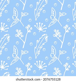Seamless vector pattern with Christmas botanicals in white line on light blue background.Winter,floral,holiday print in doodle style hand drawn.Designs for textile,wrapping paper,fabric,scrapbooking.