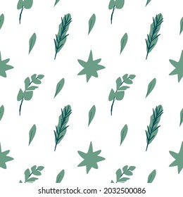 Seamless vector pattern for Christmas in bright colors in flat style.Holiday botanical print with stars and leaves hand drawn.Design for textiles, packaging,social media,web,wrapping paper,fabric.