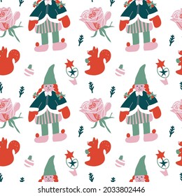Seamless vector pattern for Christmas in bright colors in flat style. Holiday print with girl,squirrel,Christmas tree hand drawn.Design for textiles,packaging,social media,web,wrapping paper,fabric.