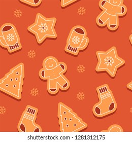 seamless vector pattern. Christmas pattern, Christmas cakes, cookies in the shape of a man, stars, sock, mitten, X-mas tree, snowflakes