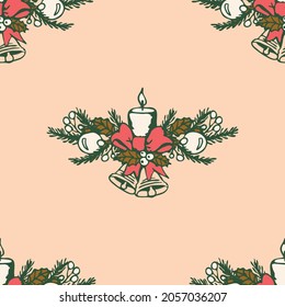 Seamless vector pattern with Christmas candle on light yellow background. Simple winter branch wallpaper design. Decorative festive season fashion textile.