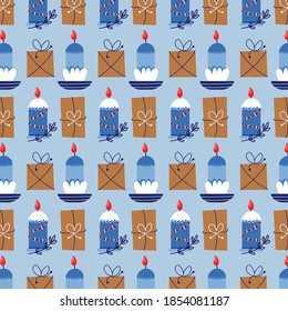 Seamless vector pattern of Christmas candles and gifts. Christmas gift blue background