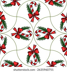 Seamless vector pattern of Christmas candy canes adorned with red bows and fir branches, arranged in a unique, repeating design on a white background.