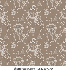 Seamless vector pattern with Christmas cats, gifts, Christmas trees. The pattern is drawn in doodle style.
